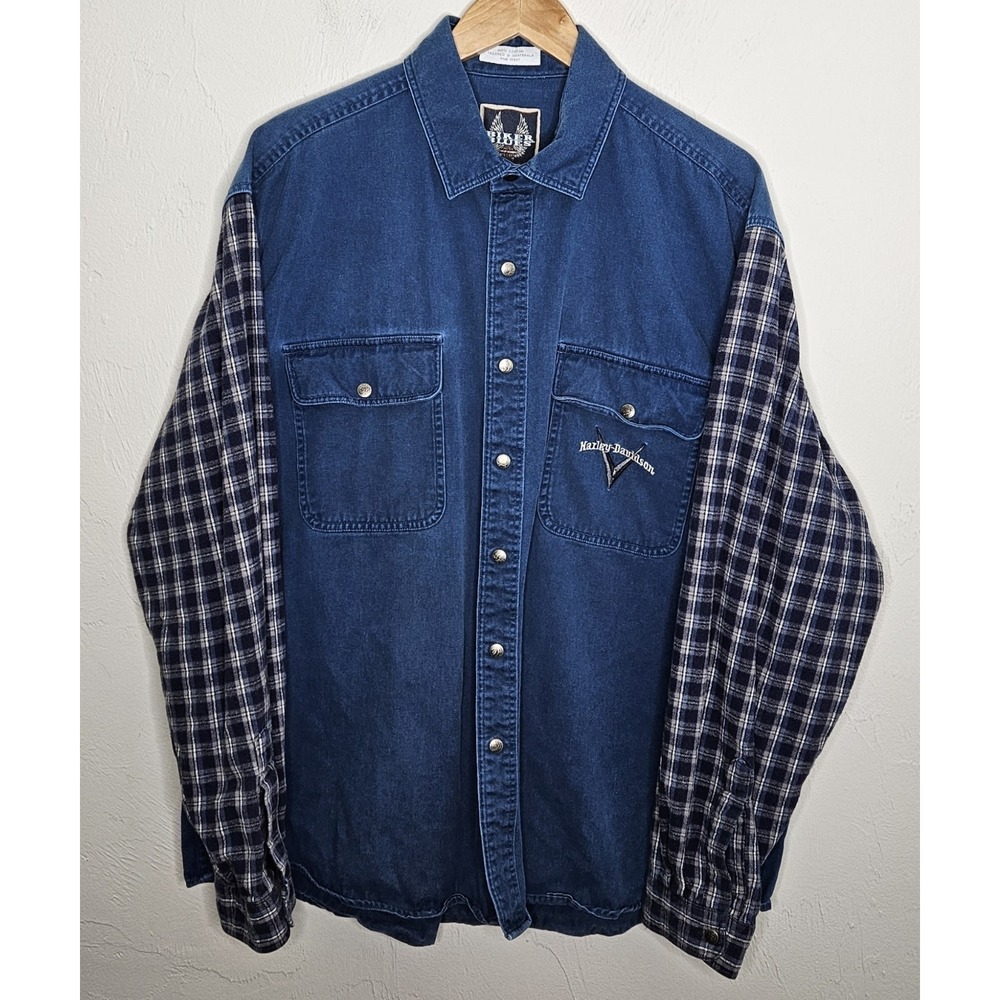 1997 Vintage Harley-Davidson Motorcycle Denim Long Sleeve Button Shirt 2XL XXL